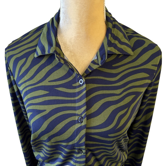 Eloquii Elements Green/ Black Zebra Print Button Down Midi Dress Size 14 - Picture 4 of 14